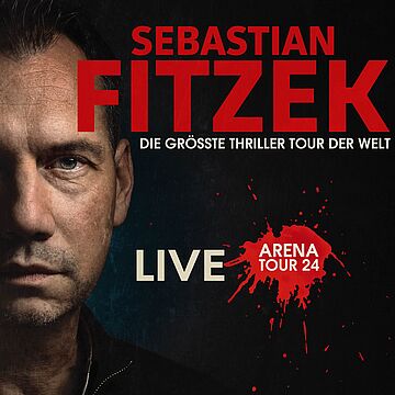 Es ist ein Teil des Gesichts von Sebastian Fitzek zu sehen und es wird seine Live Tour 2024 angekündigt.